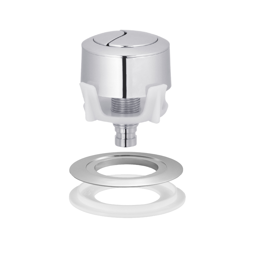 Universal toilet cable flush button kit with chrome push button and adapter rings for top mounted cistern holes